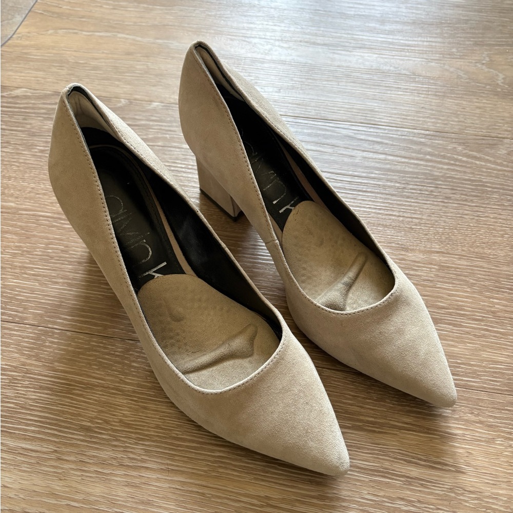 Calvin Klein Pointed-Toe Suede Heels in Beige (6M)